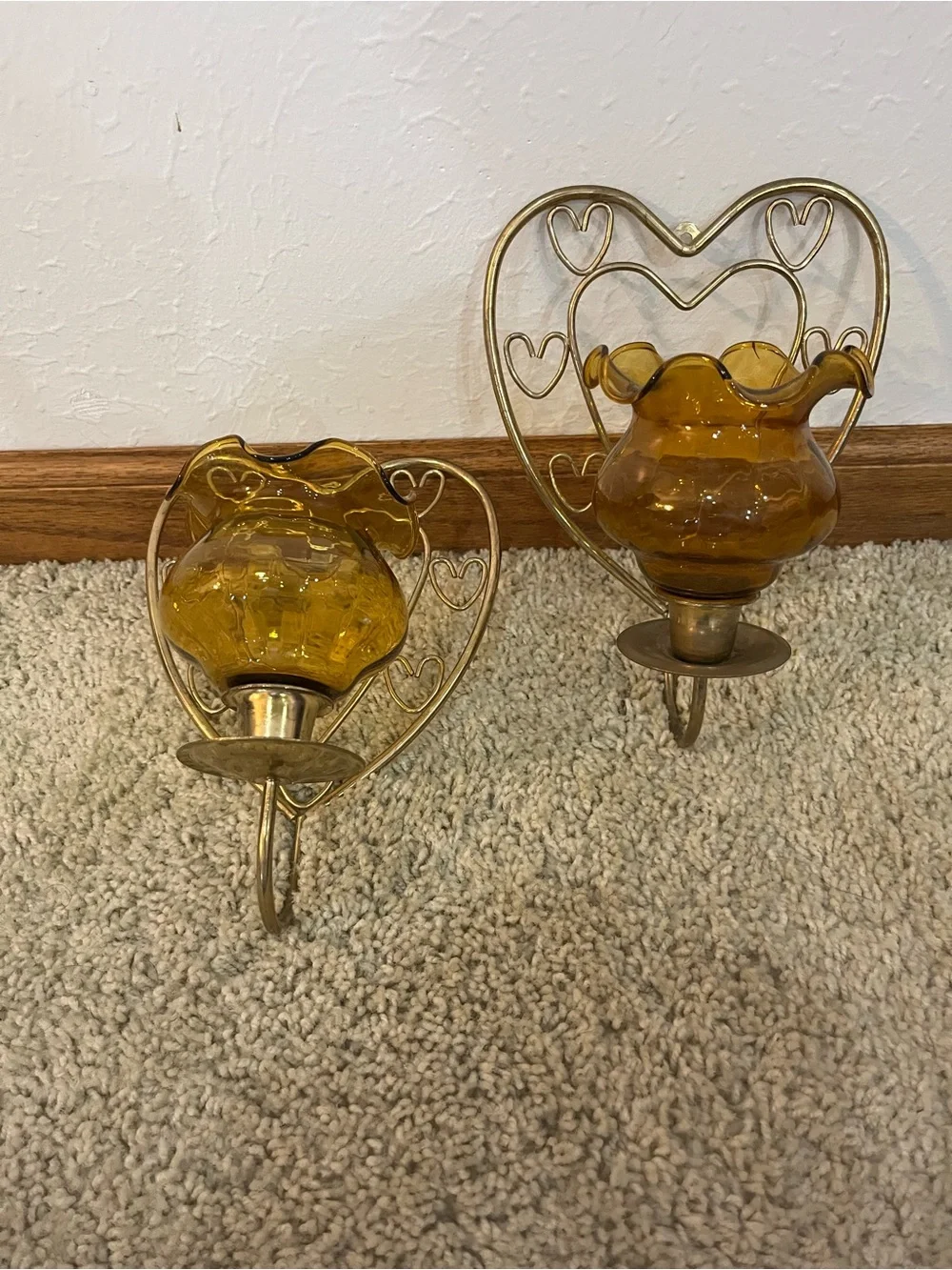 Home Interiors Amber Glass Heart Wall Sconces with Ruffled Shades
